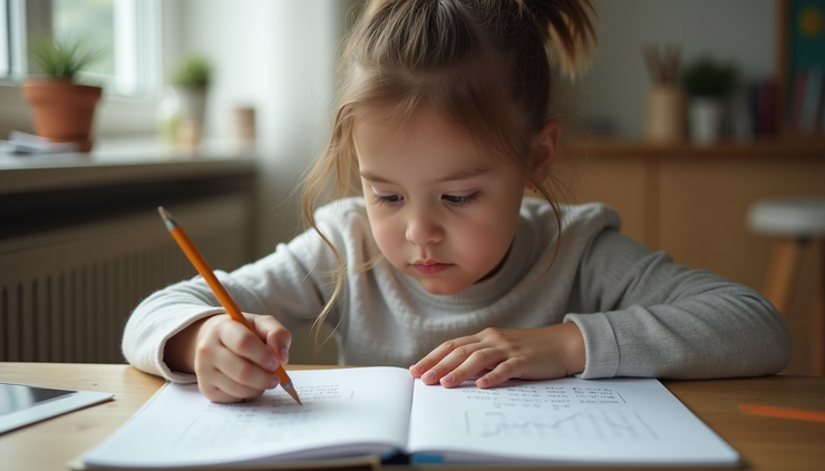Eye-level view of a child working on maths problems with a pencil and notebook