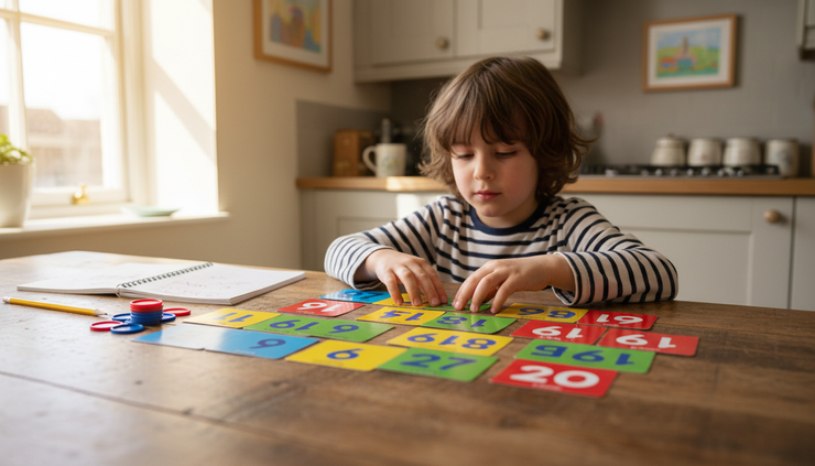 Eye-level view of a child using colourful number cards at a kitchen table.