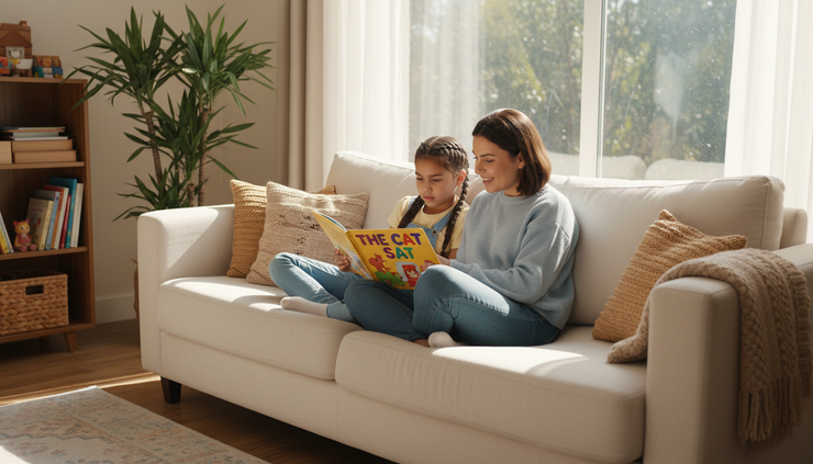 Wide-angle view of an adult and child reading a phonics book together on a sofa