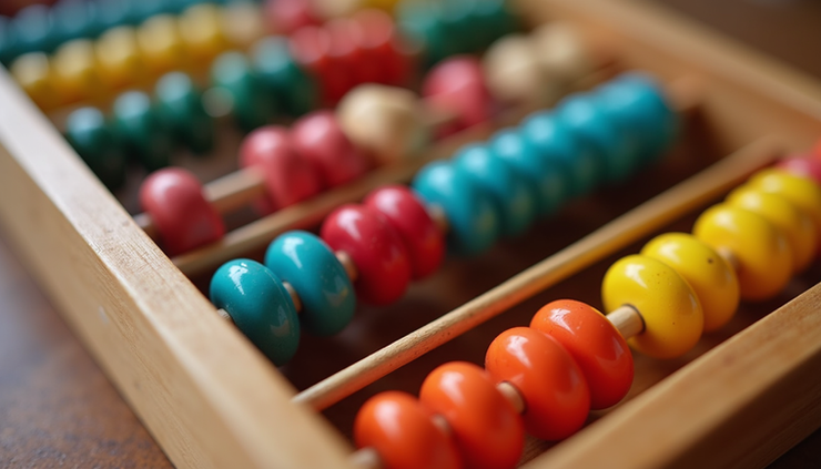 Close-up view of a colorful abacus with beads aligned for calculation
