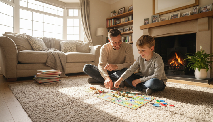 Wide-angle view of a parent and child playing a dice maths game on a living room floor