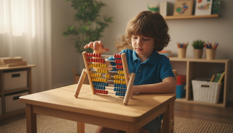 Eye-level view of a child moving colourful abacus beads during a maths activity