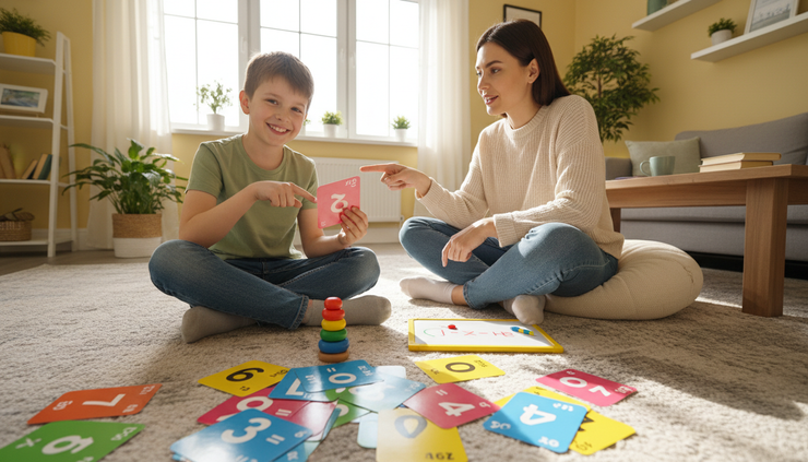 Wide-angle view of a child smiling while solving maths cards with a parent nearby.