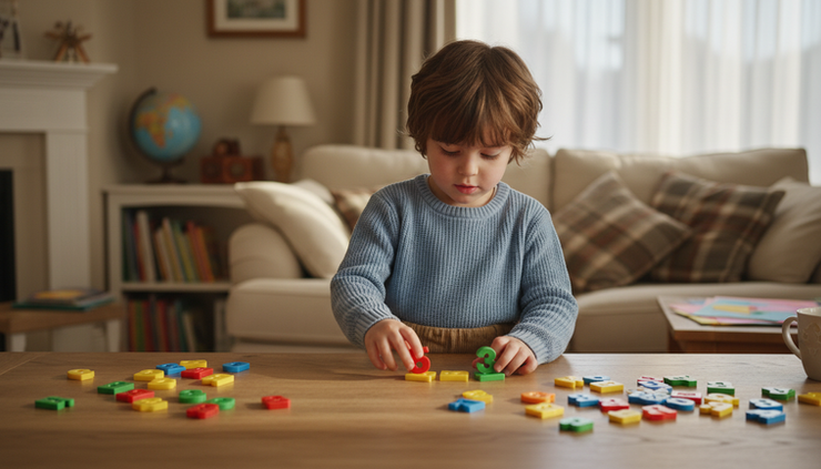 Eye-level view of a child arranging number tiles on a wooden table