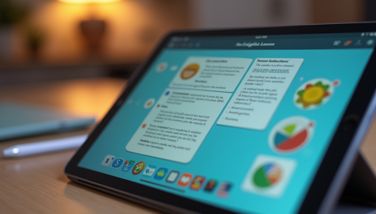 Close-up view of a digital tablet showing an interactive English lesson
