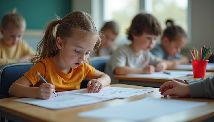 Eye-level view of a classroom with children practicing mental maths exercises