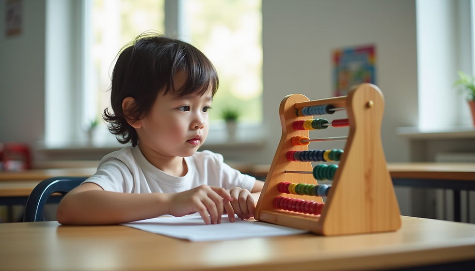 A child concentrating on an abacus in an online learning session