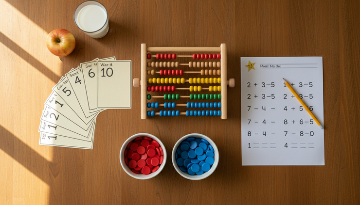 Overhead view of an abacus beside number cards and a child’s completed maths sheet