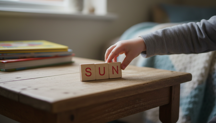 Close-up of letter tiles spelling a simple word beside a child’s hand