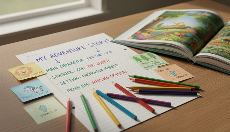 Close-up of a child's handwritten story plan with coloured pencils and a reading book nearby