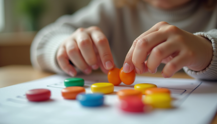 Close-up view of a child using colorful counters to solve multiplication problems