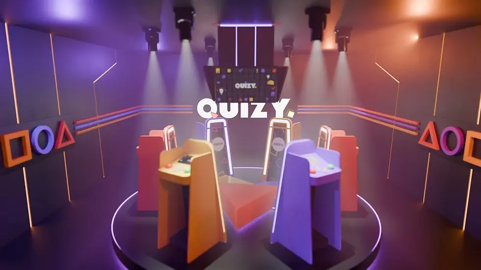 Quiz-Stationen zum beantworten von Fragen und im Hintergrund das leuchtende “QUIZY”-Logo