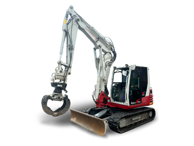 Ein weiß-roter Gummikettenbagger von CR-Transporte mit Lasersteuerung für präzise Erdarbeiten.