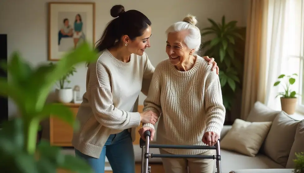 Junge Pflegekraft unterstützt Seniorin mit Gehhilfe in einem hellen, wohnlichen Raum_