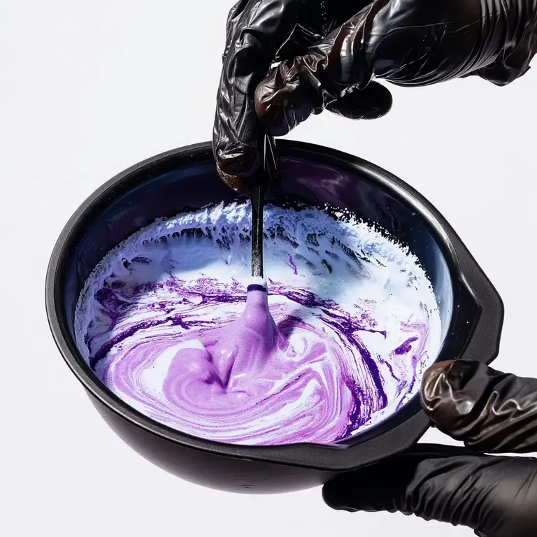 Frisch angerührte Haarfarbe in Violett in einer Farbschale, angerührt mit Pinsel – bereit für eine professionelle Coloration im Salon.