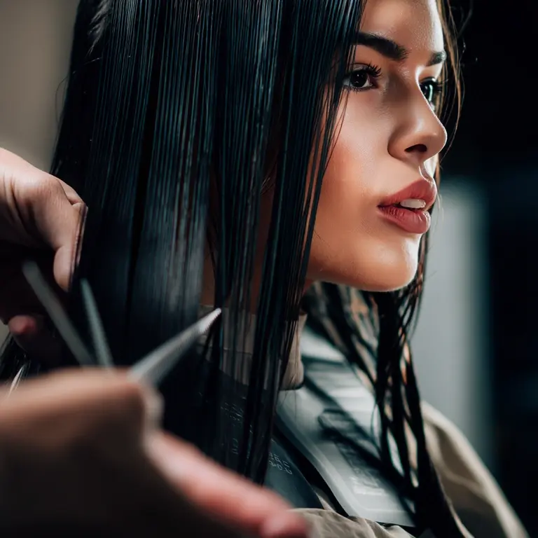 Frau mit nassem, glattem Haar beim Schneiden im Salon – Fokus auf Gesichtsform und präzisem Haarschnitt.