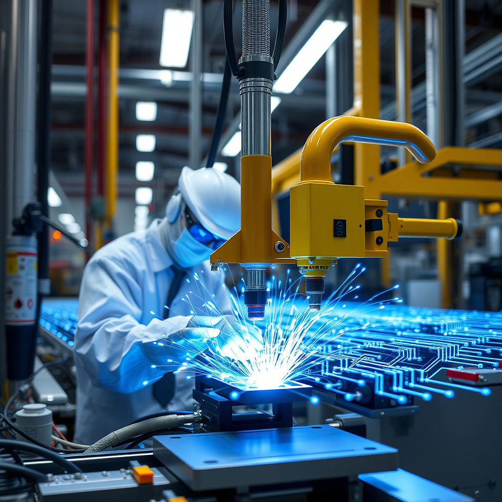 An engineer in protective gear operates sophisticated machinery, performing precision welding at a state-of-the-art electronics manufacturing facility.