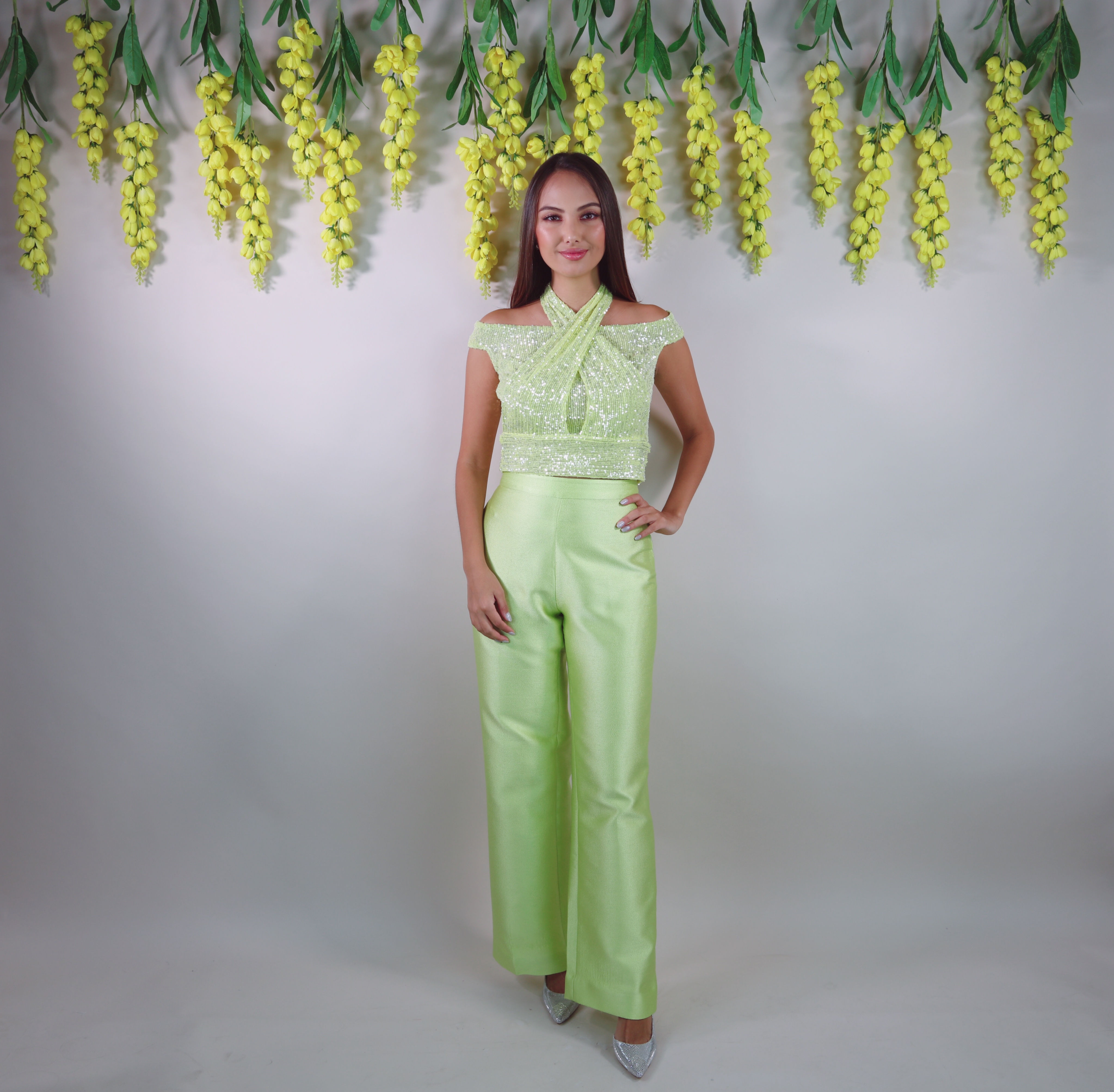 Lime Sequins Top and Taffeta Pants