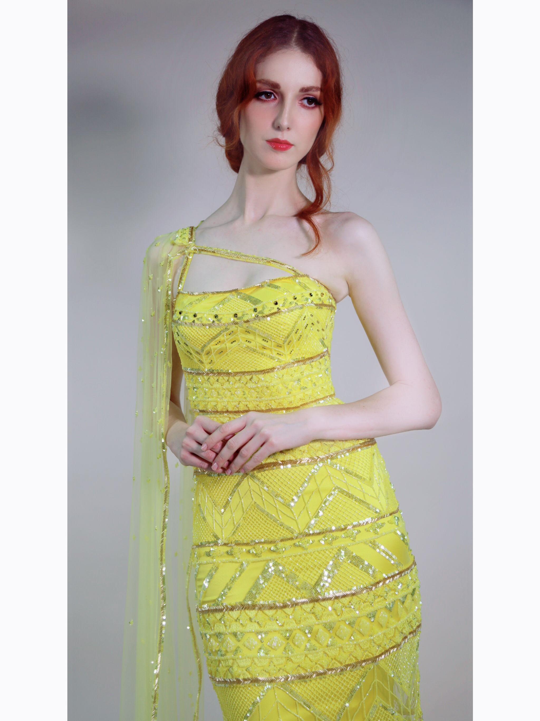 Yellow Full Embroidered Dress with Cape