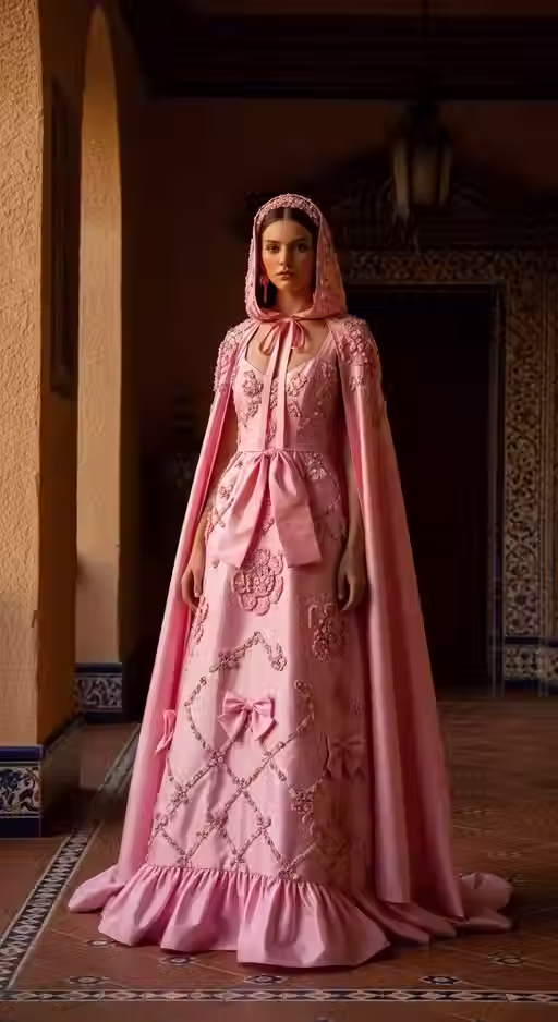 Pink Silk Sculpted Corset bodice Gown with Cape