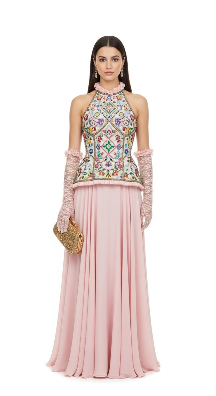 Halter-neck evening gown with embellished bodice