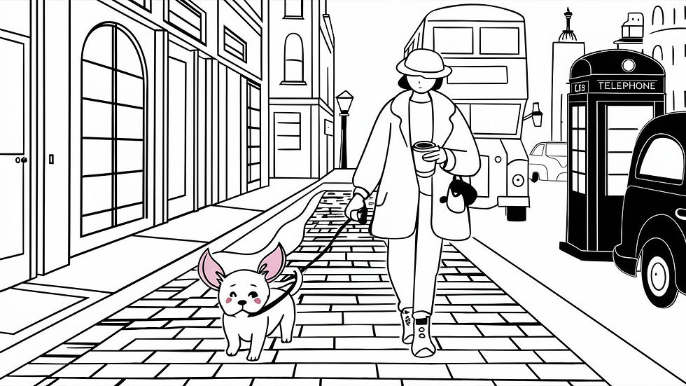 A woman walking her dog drinking a coffee, you can see a double decker bus and a phone box along with a black london taxi
