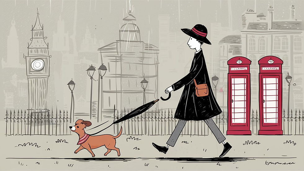 A woman walking her dog on a London street near Big Ben
