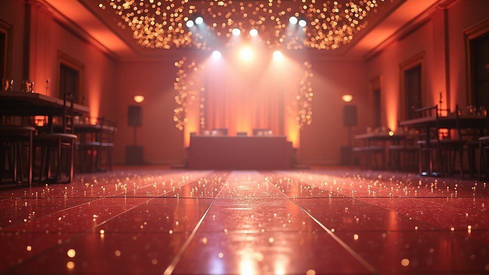 Wide angle view of a beautifully decorated dance floor with twinkling lights