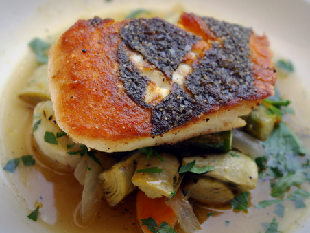 from the kitchen: Pacific Halibut with Grilled Spring Vegetable Barigoule