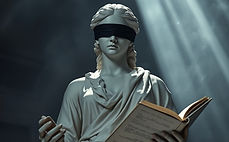 A marble statue of a woman holding an open book in one hand. She wears a black blindfold o
