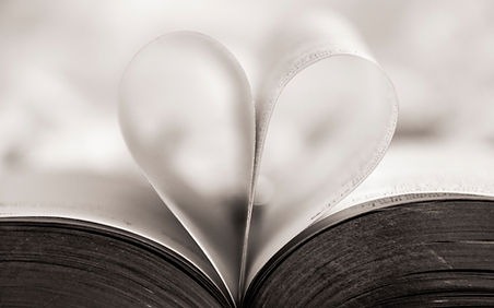 An open book with two pages folded over towards each other to create a heart