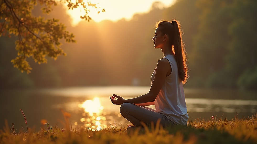 Close-up view of a person meditating in a serene outdoor setting