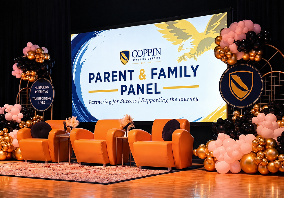 Coppin State University Parent and Family Panel stage with custom graphics, orange seating and balloon installations.