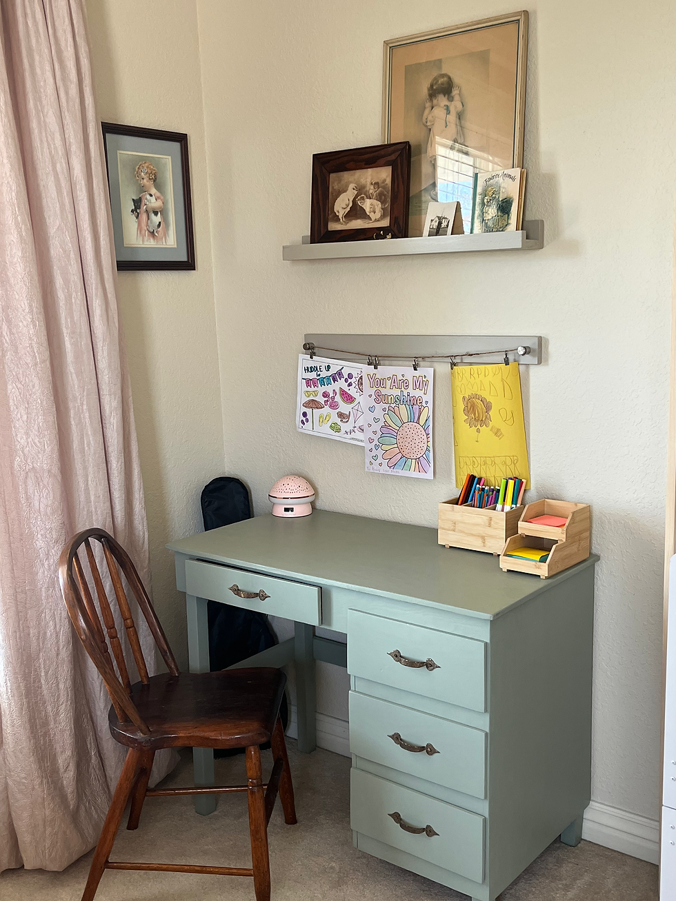 Here is the after with fresh paint and the cutest little antique chair my mom found.