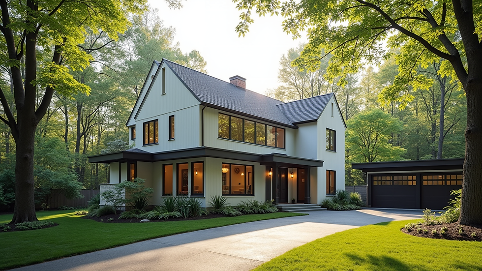 Wide angle view of a modern home in Lexington MA with new energy-efficient windows
