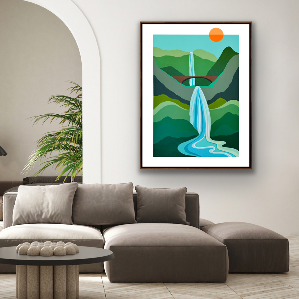 A Multnomah Falls painting by artist based in Oregon. Her creative artwork is featured in a home design.