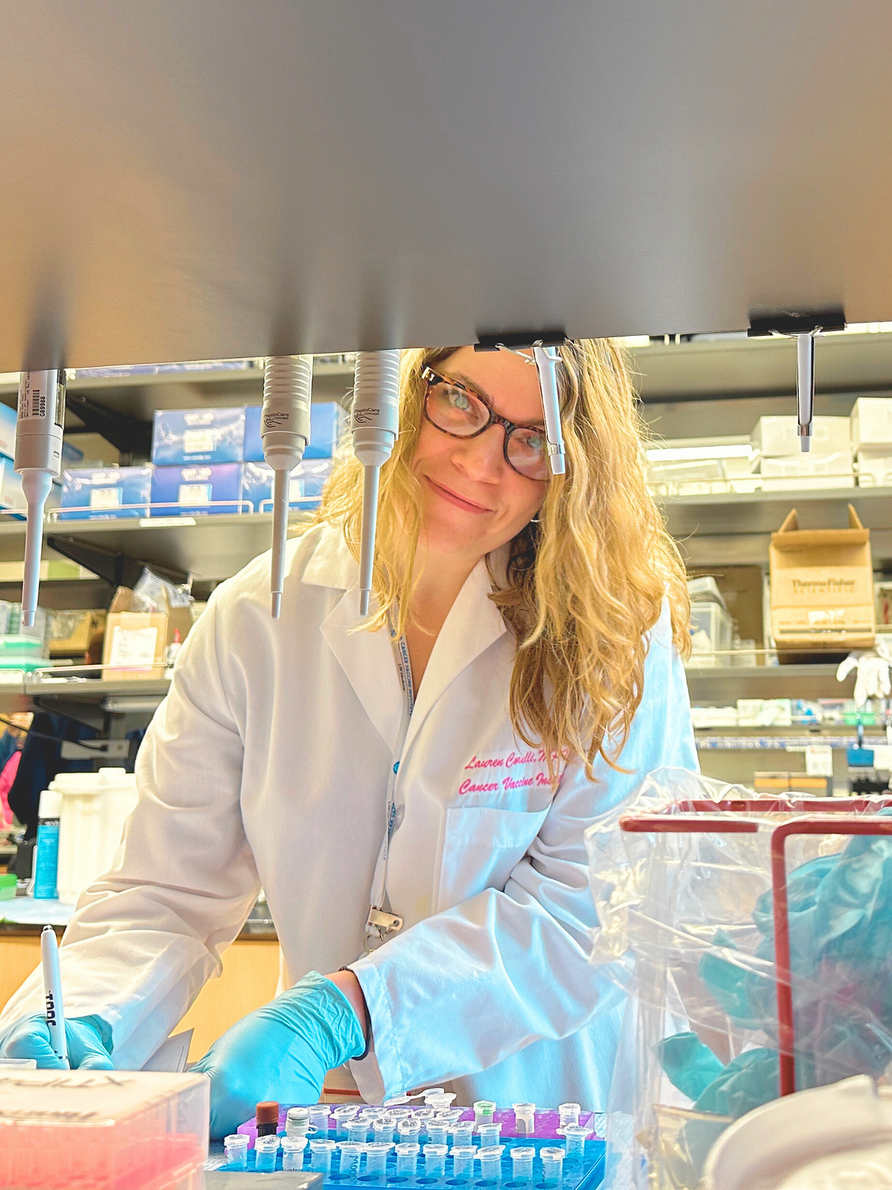 A Cancer Vaccine Institute scientist as the lab bench.