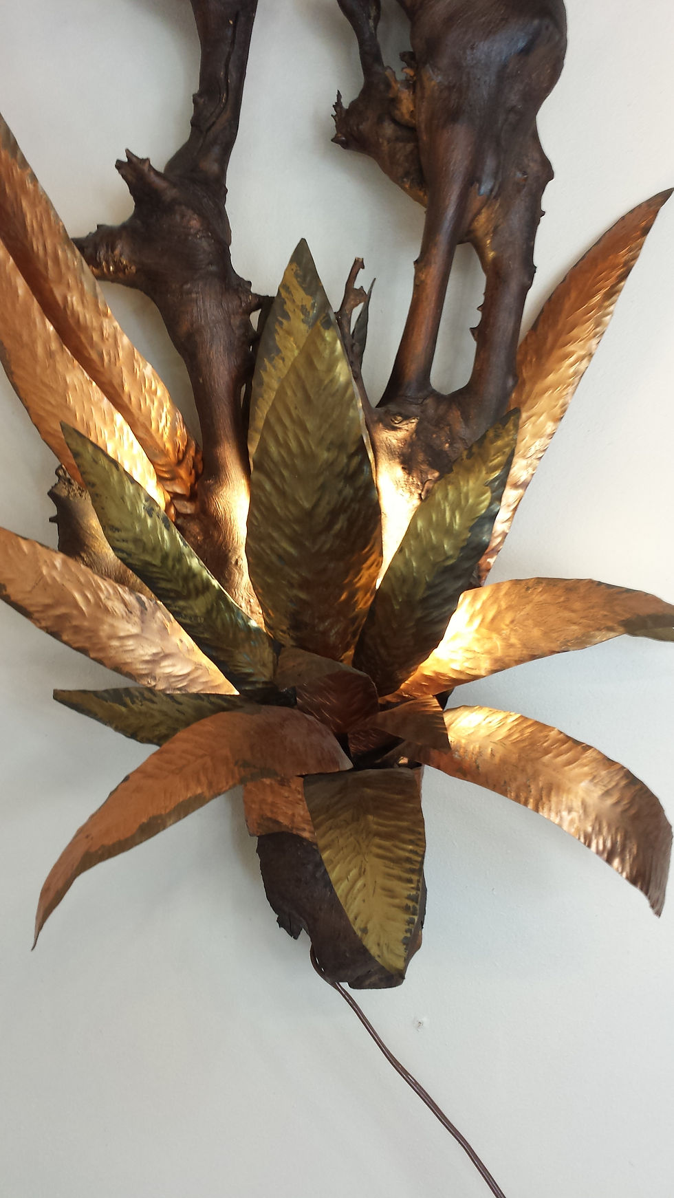 Thumbnail: Large Brass, copper, wood and lead Bird sconce