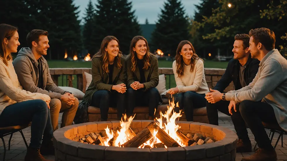 Eye-level view of a group discussing around a cozy fire pit