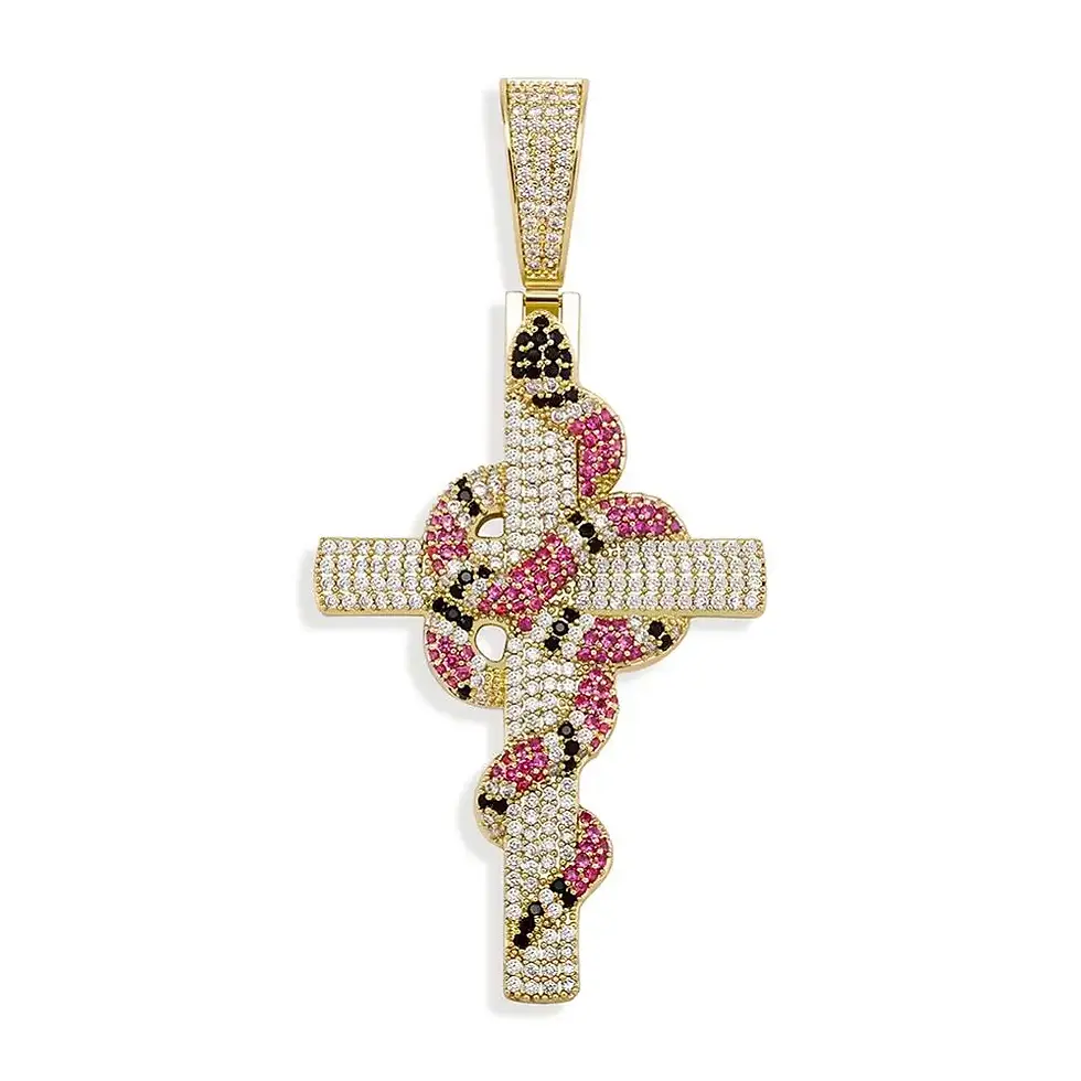 Thumbnail: Gold pendant with snake wrapped around a crystal cross, The Kingdom Tattoos.
