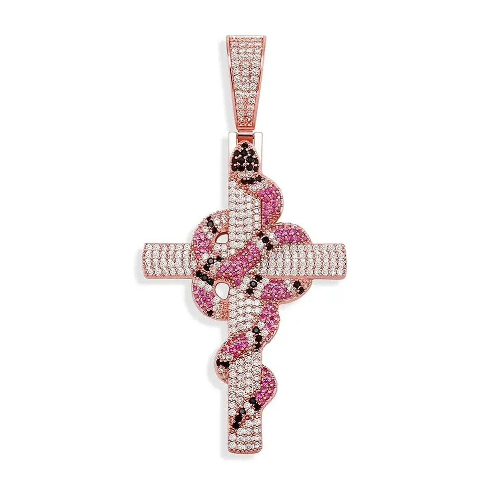 Thumbnail: Diamond encrusted cross pendant with a snake wrapped around it, The Kingdom Tattoos