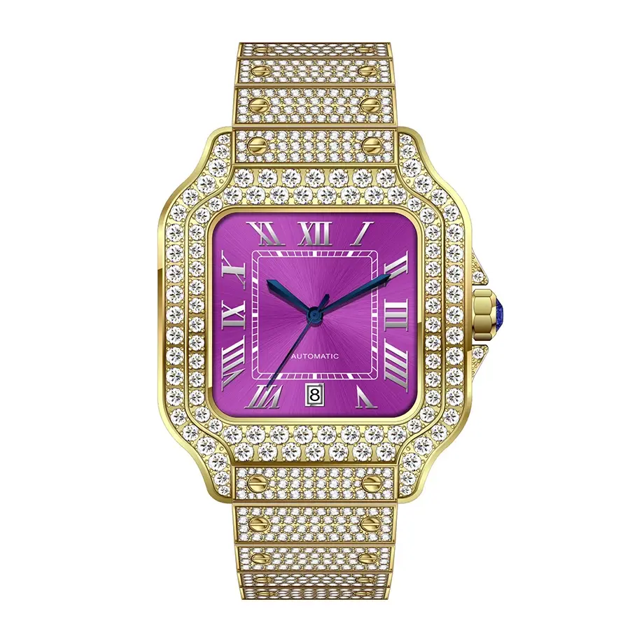 Thumbnail: Purple dial gold luxury watch. Factory High End Luxury Moissanite Diamond Watch Custom Stainless Steel
