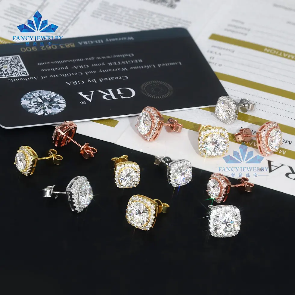 Thumbnail: Various diamond earrings on display, GRA card, Fancy Diamond logo visible background.