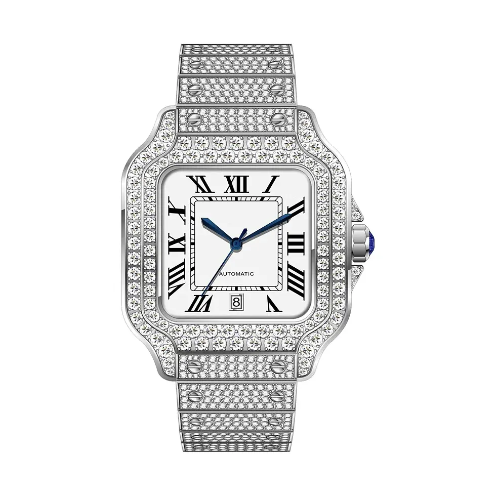 Thumbnail: Luxury watch with Roman numerals and automatic features. Factory High End Luxury Moissanite Diamond Watch Custom Stainless Steel.