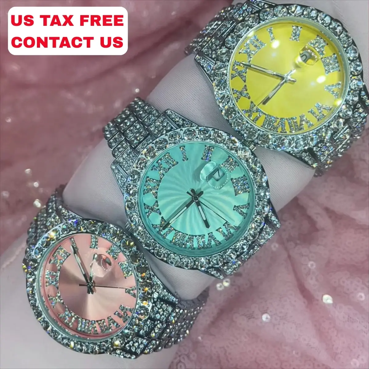 Three iced-out watches with US TAX FREE CONTACT US text, sparkling accessories.
