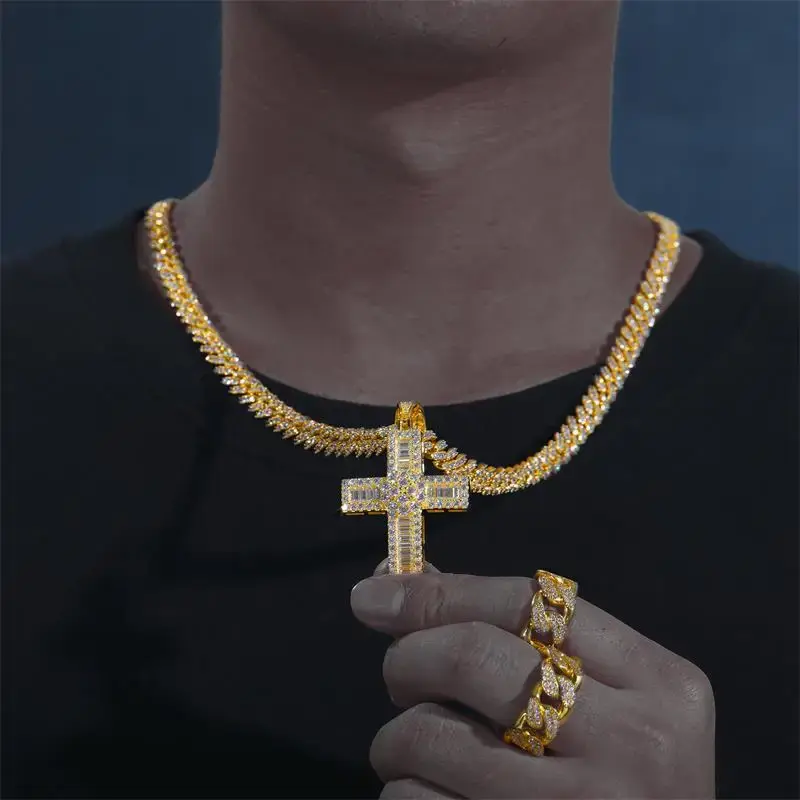 Thumbnail: Man wearing gold chain with Pendant Letter BE YOURSELF Iecd Out Cz Bling with ring.