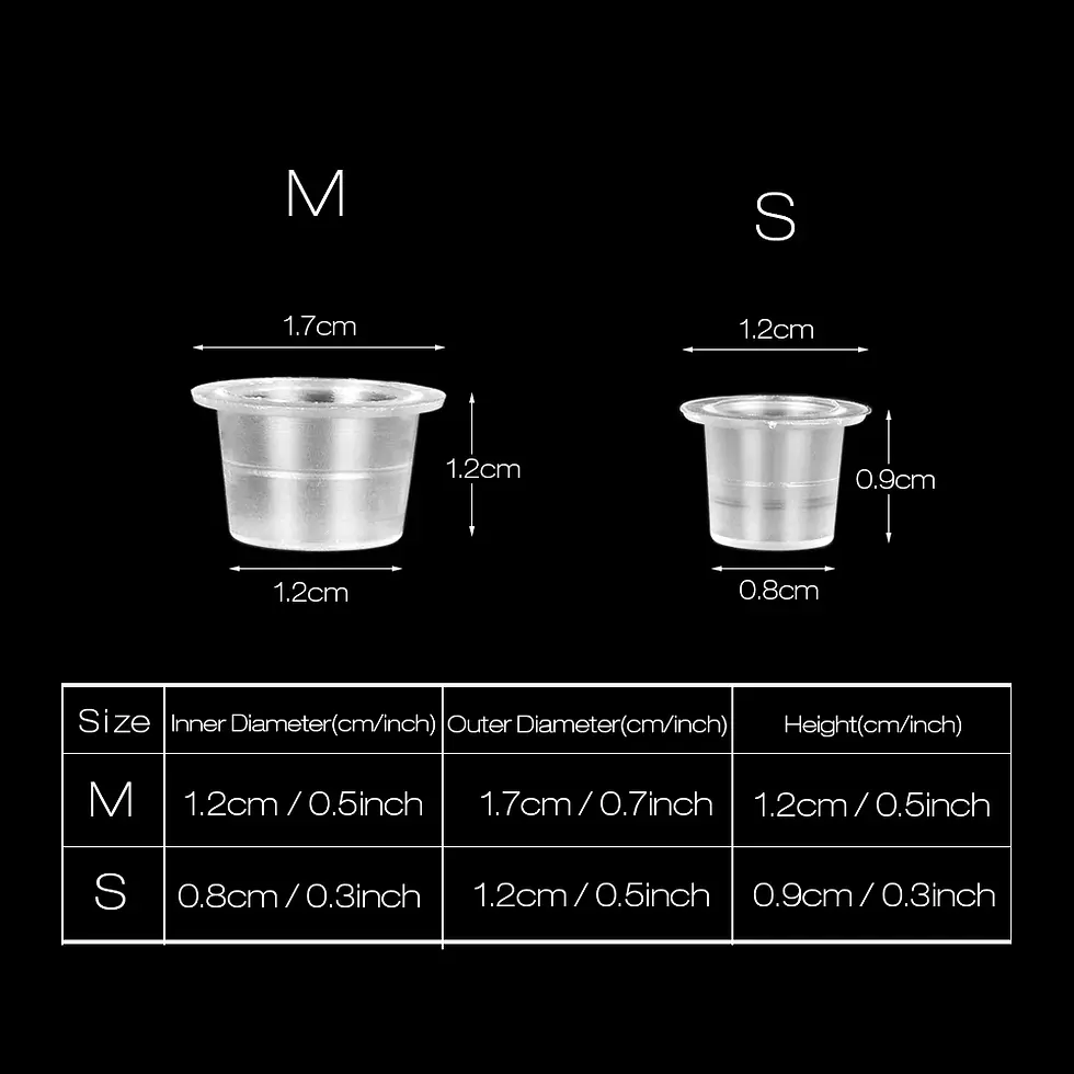 Thumbnail: M and S size cups with measurements and dimensions on black backdrop