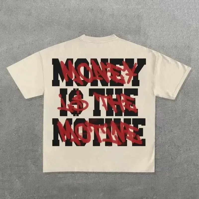 Thumbnail: White t-shirt with "MONEY IS THE MOTIVE" printed in red and black.