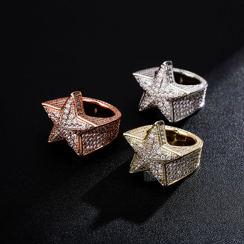 Three star-shaped rings with gemstones; Silver 925 VVS D Moissanite Dimoand Custom Star Shape Iced Out Moissanite Ring.