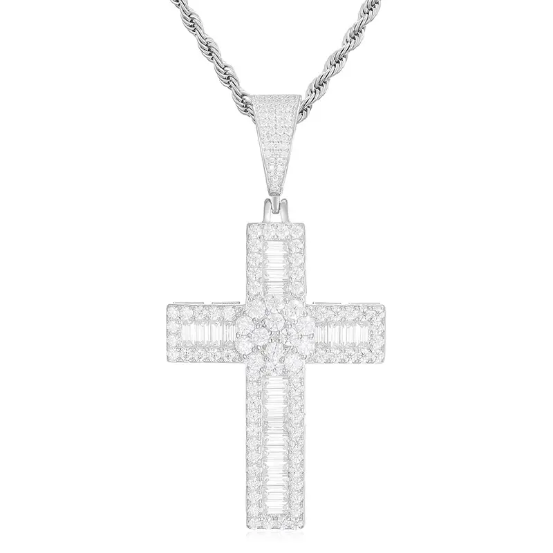 Thumbnail: Silver cross pendant necklace with a diamond-like design on a white background.